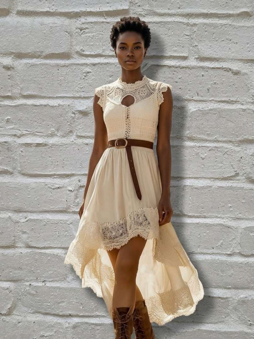 Lace Trim High-Low Sleeveless Vintage Dress Women