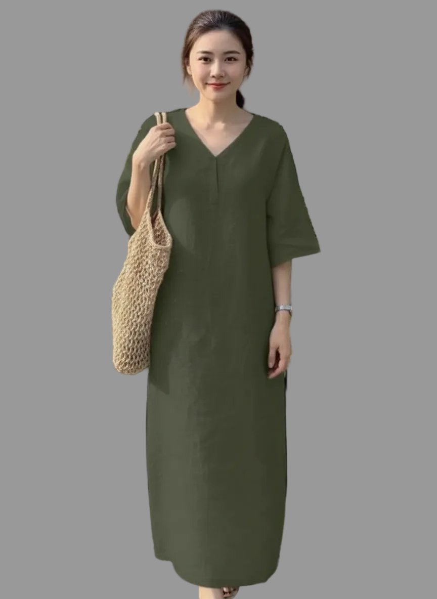 V-Neck Solid Cotton Blend Baggy Maxi Dress Women