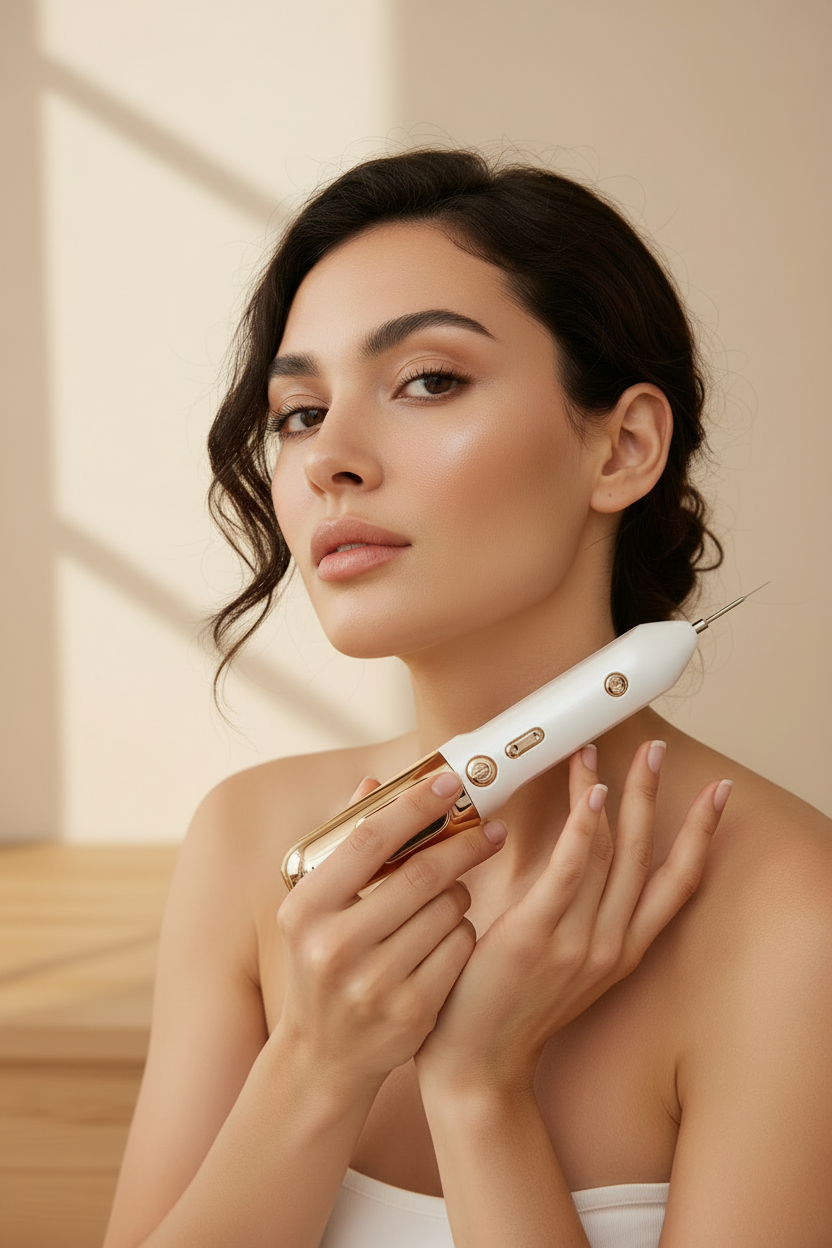 Woman holding a white electronic device near her face against a neutral background