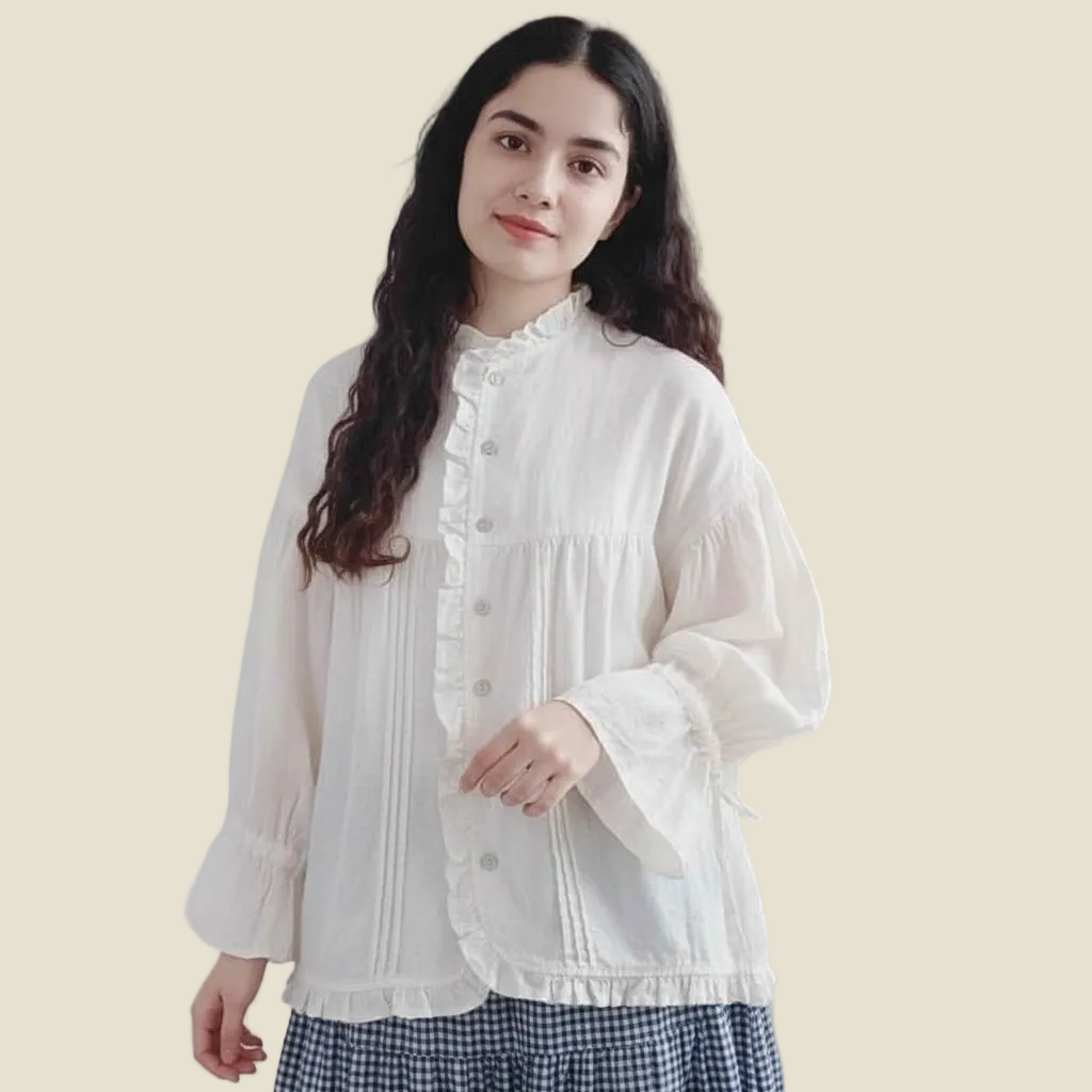 Linen Balloon Sleeve Blouse Irregular Hem Vintage Women