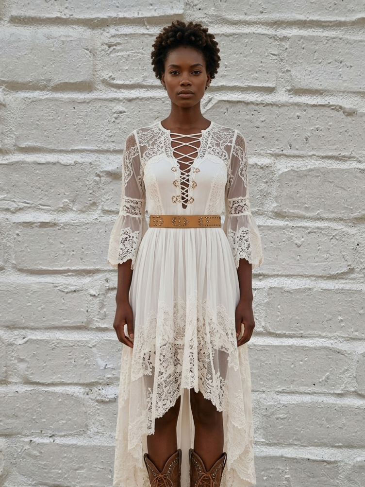 Lace Trimmed High-Low Vintage Dress Women