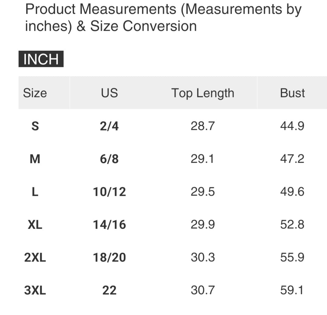 Product measurements chart in inches for various sizes with US, top length, and bust dimensions.