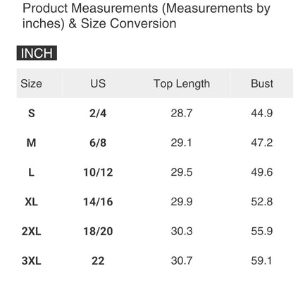 Product measurements chart in inches for various sizes with US, top length, and bust dimensions.