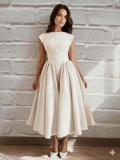 Backless A-Line Midi Dress Cap Sleeve Plus Size Women off white