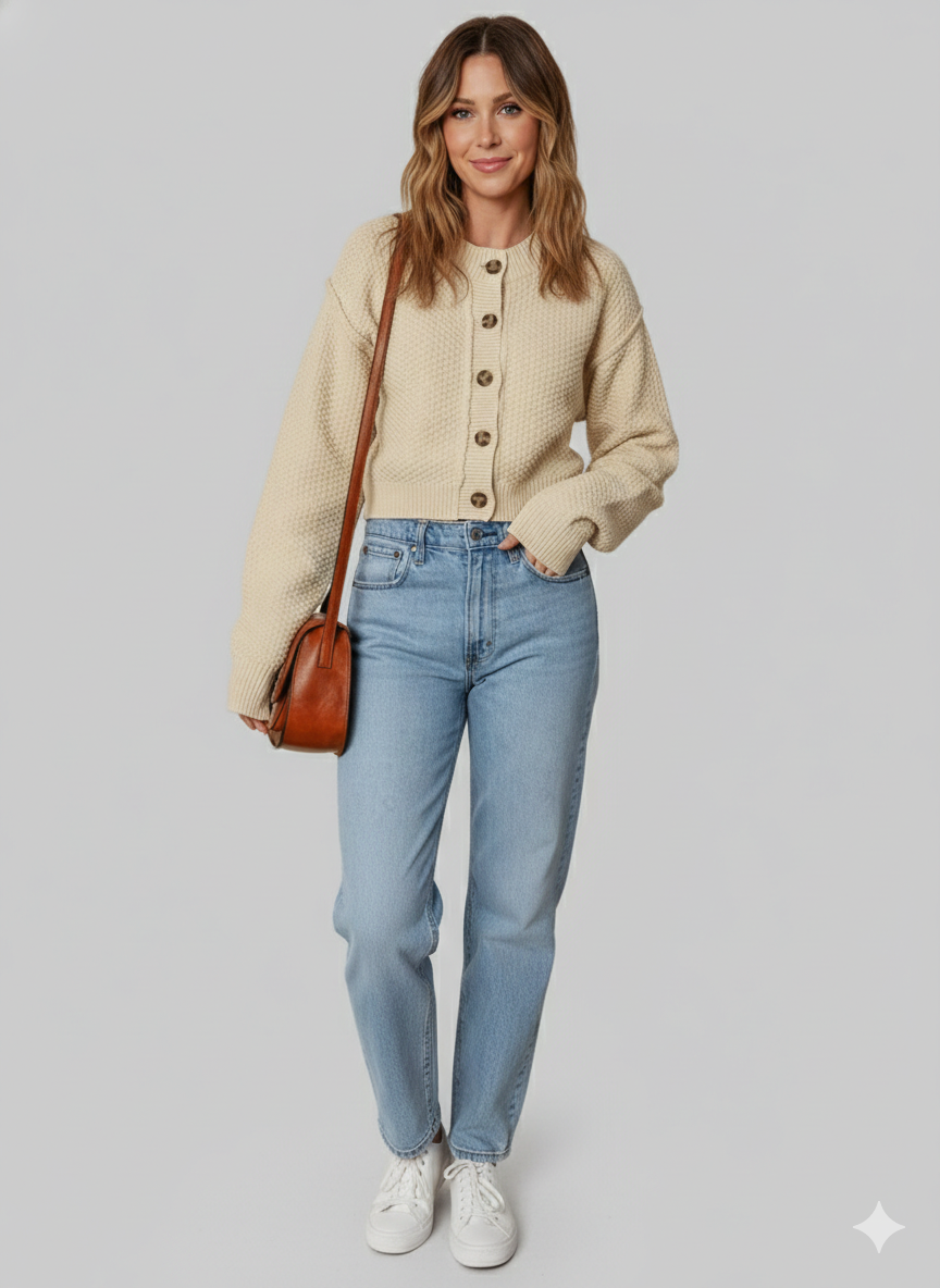 Woman wearing a beige cardigan, blue jeans, and white sneakers on a gray background