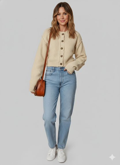 Woman wearing a beige cardigan, blue jeans, and white sneakers on a gray background