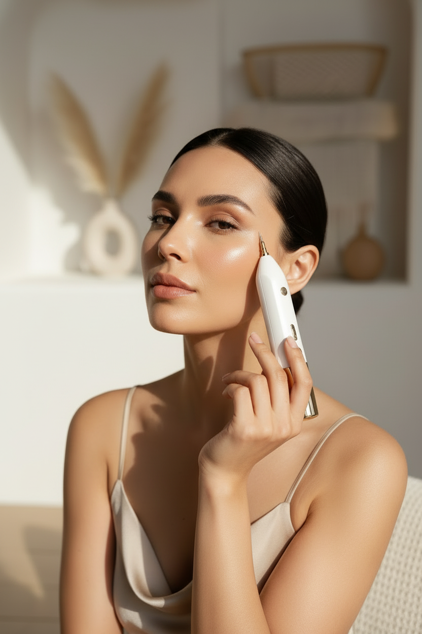 Woman using a skincare device on her face in a softly lit room.