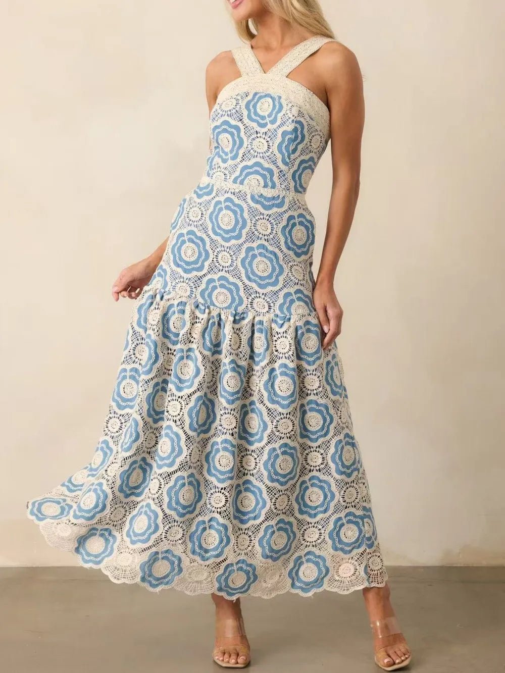 women_fashion - littlescollectionCotton dressLace Sleeveless Cotton Floral Print Tiered Long Dress