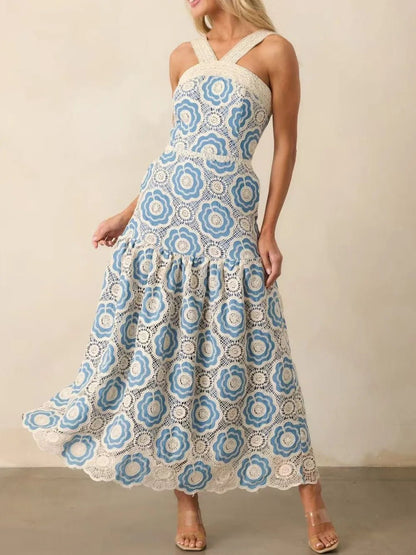 women_fashion - littlescollectionCotton dressLace Sleeveless Cotton Floral Print Tiered Long Dress