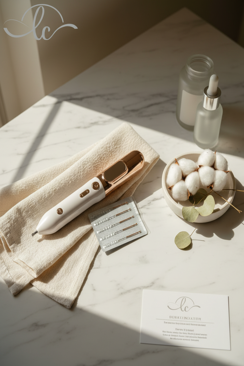 Hair straightener, towel, and decorative items on a marble surface with soft lighting.