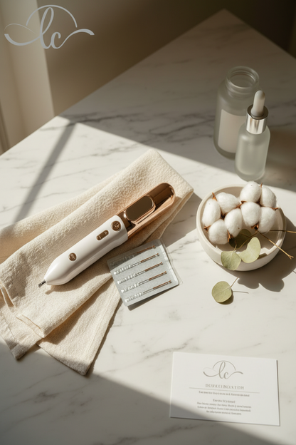 Hair straightener, towel, and decorative items on a marble surface with soft lighting.
