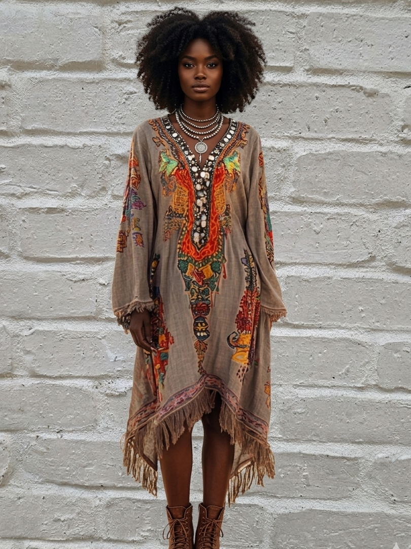 Woman wearing a patterned dress with fringes against a brick wall.