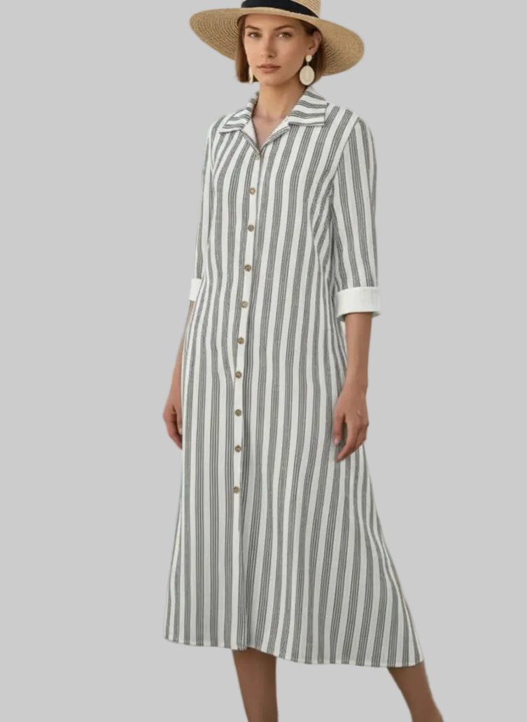 Striped Button Front Midi Dress Plus Size Women