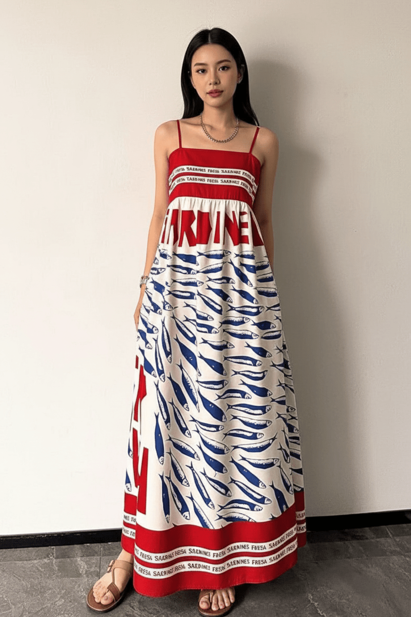 Woman wearing a long dress with red, white, and blue pattern against a plain background