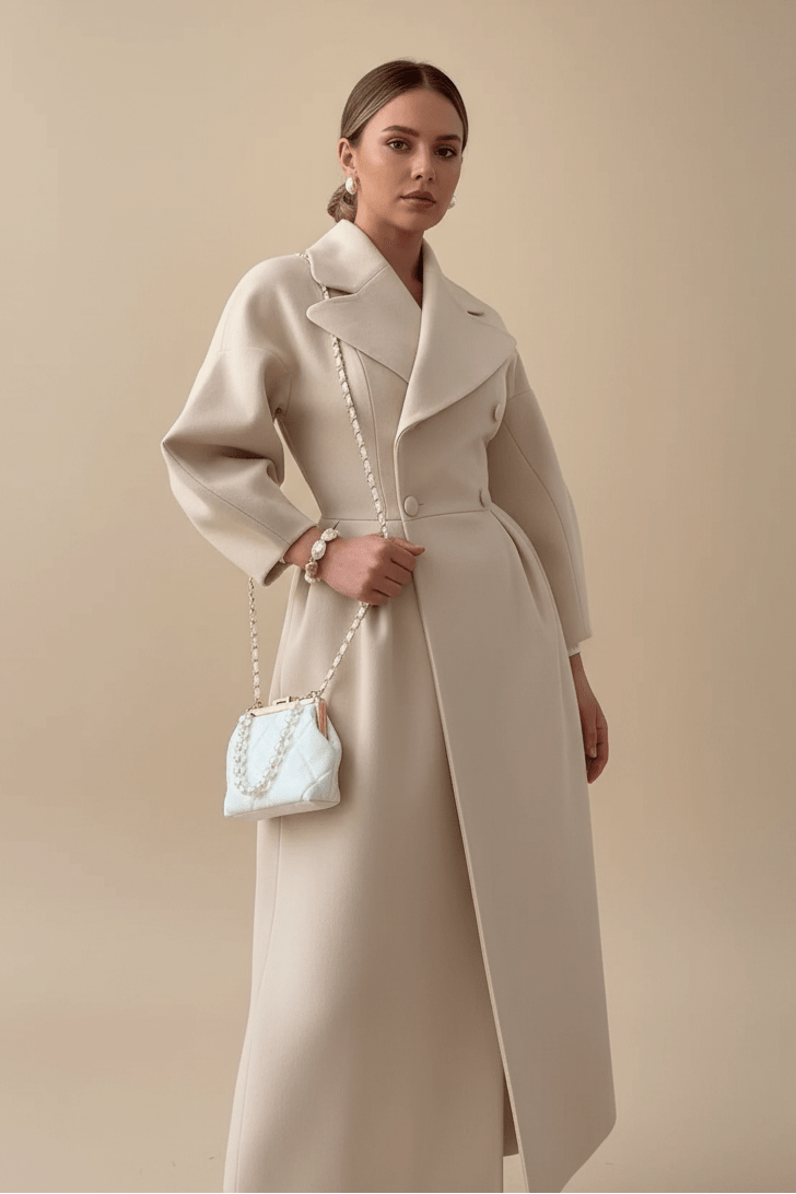 A woman modeling a long, structured beige coat with a belted waist, paired with a small white quilted shoulder bag with a pearl chain strap, set against a solid beige studio background.