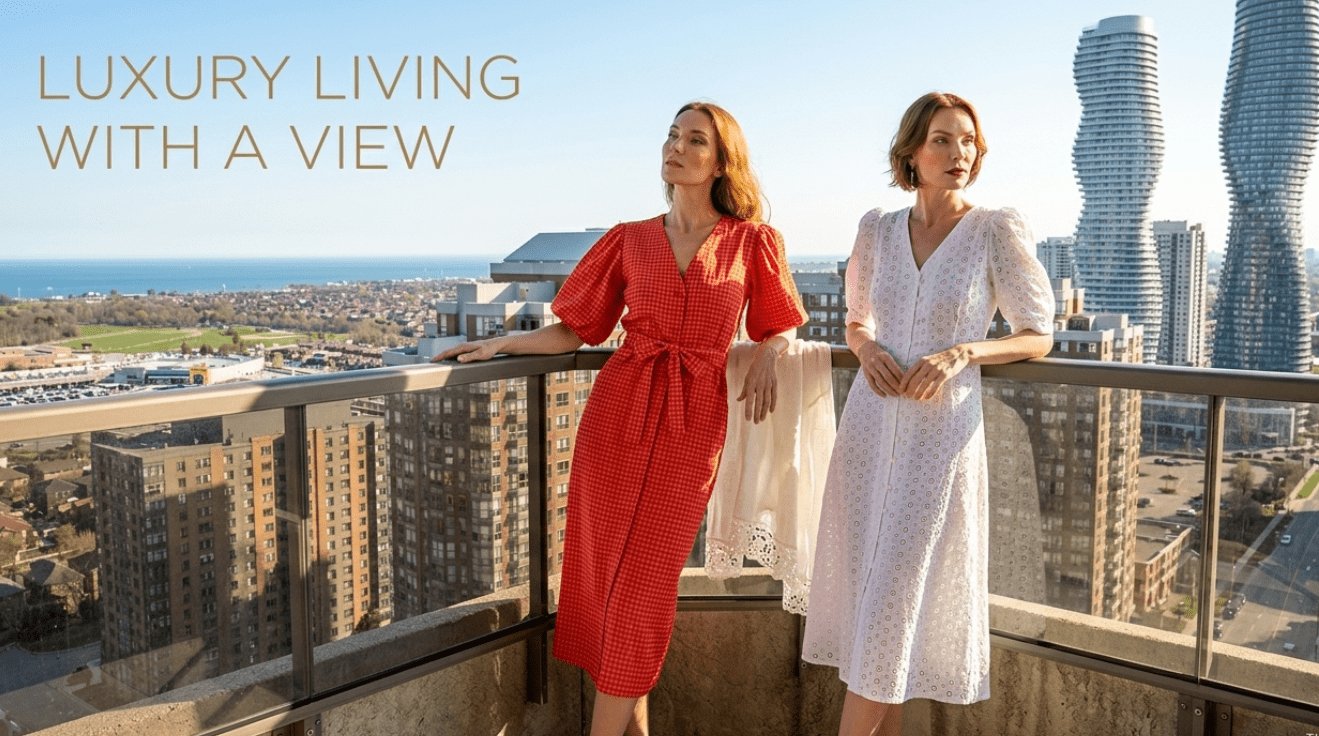 Two women standing on a balcony with a cityscape view and text 'Luxury Living with a View'.
