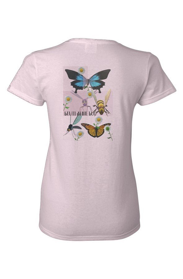 A light pink short-sleeve t-shirt shown from the back, featuring a colorful graphic print of a butterfly, bee, hummingbird, and other nature elements with the text &