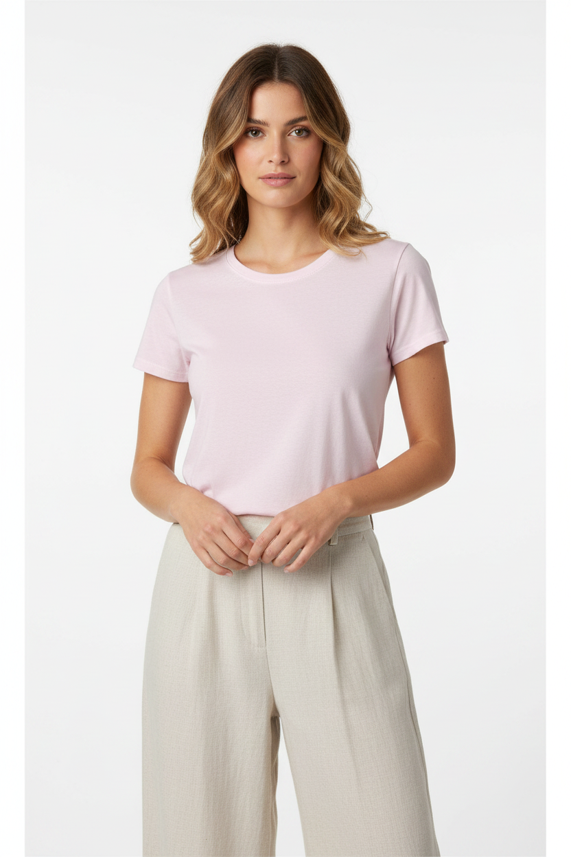A woman modeling a light pink short-sleeve crewneck t-shirt paired with light beige wide-leg trousers, set against a plain light gray studio background.