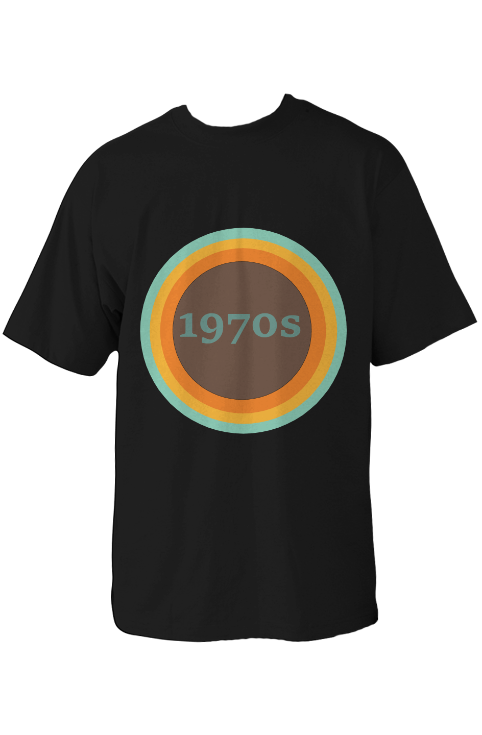 A black short-sleeve crewneck t-shirt featuring a retro circular graphic on the chest with concentric rings in teal, orange, and brown, with the text &