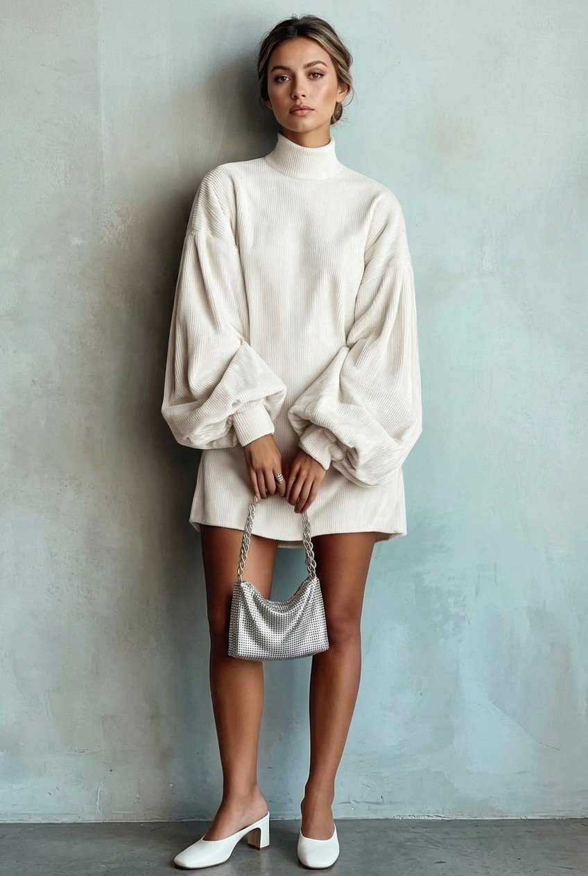 Woman wearing an off-white textured long-sleeve mini dress with a high neckline and voluminous balloon sleeves, paired with white low-heeled shoes and a small silver metallic handbag, standing against a neutral concrete wall.