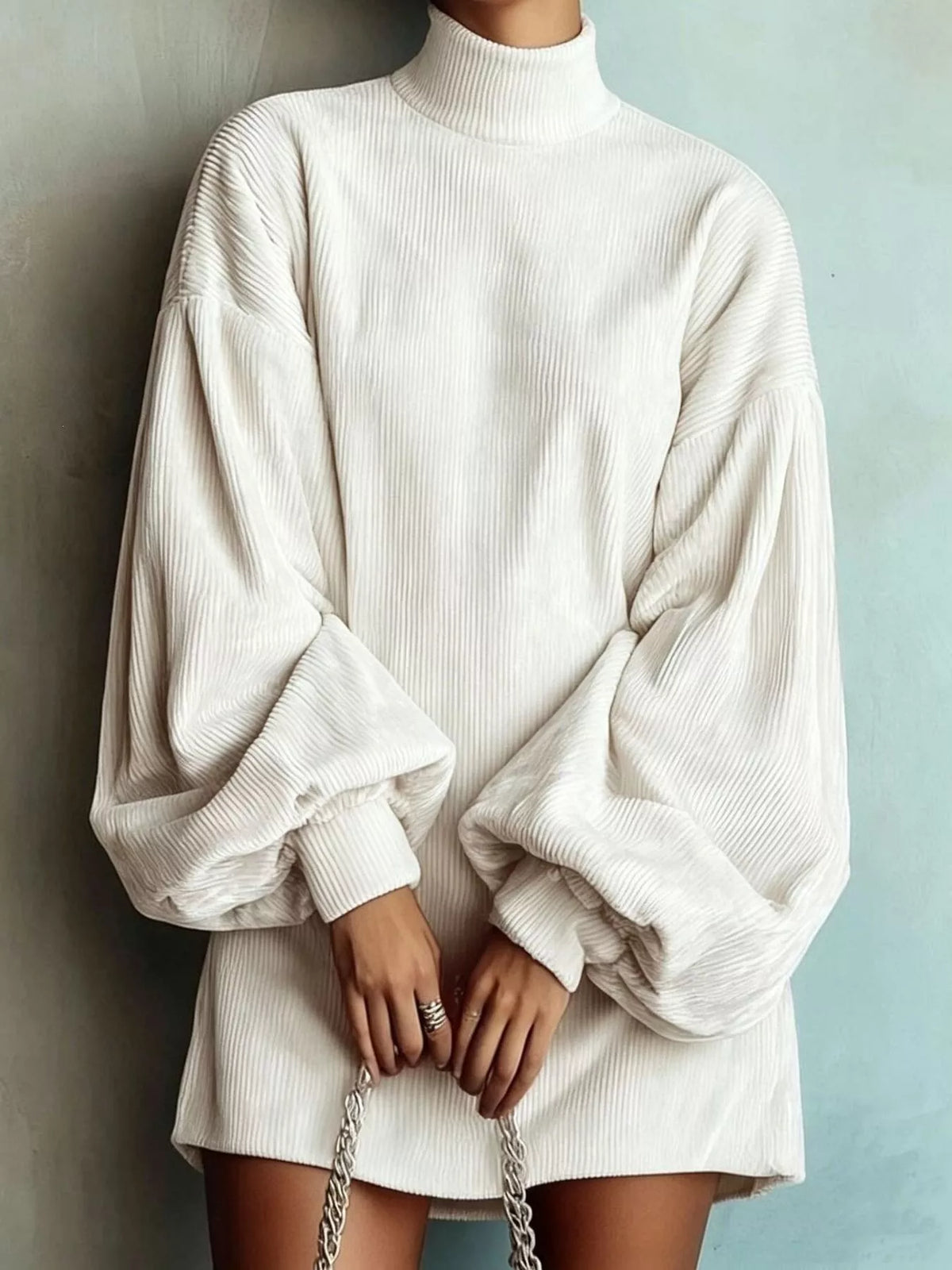 A person wearing an oversized off-white ribbed mock-neck sweater dress with voluminous balloon sleeves, standing against a pale blue-gray wall and holding a silver chain bag.