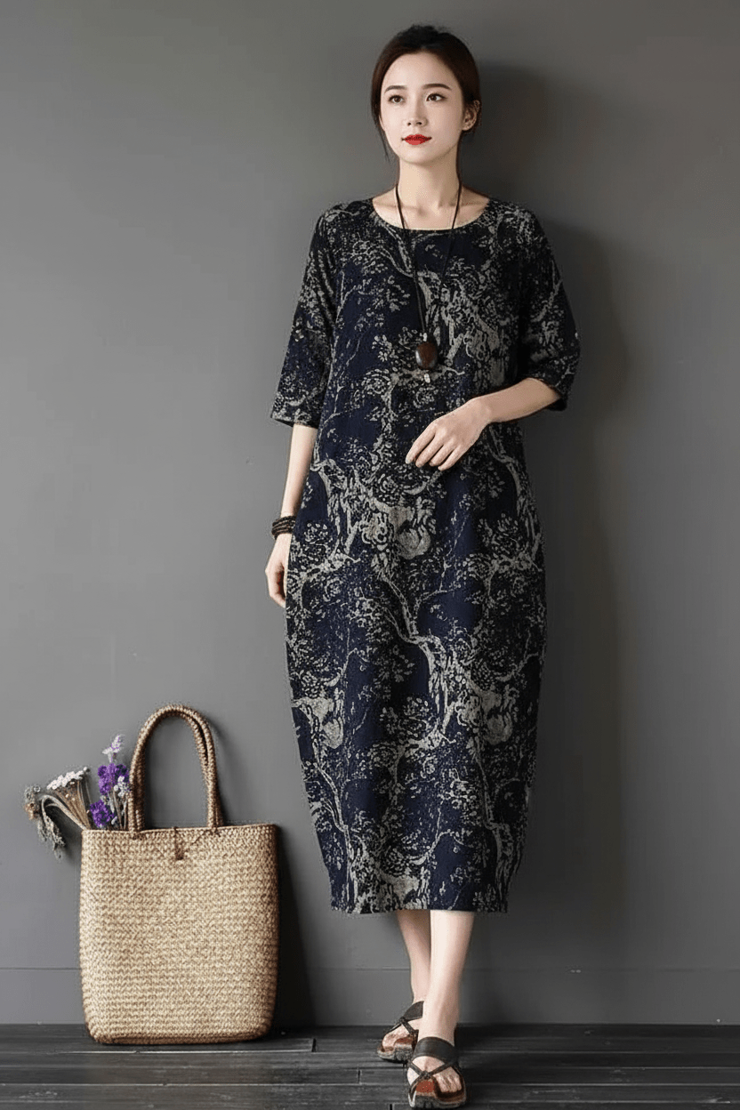 Elara floral linen midi dress with relaxed fit and vintage print
