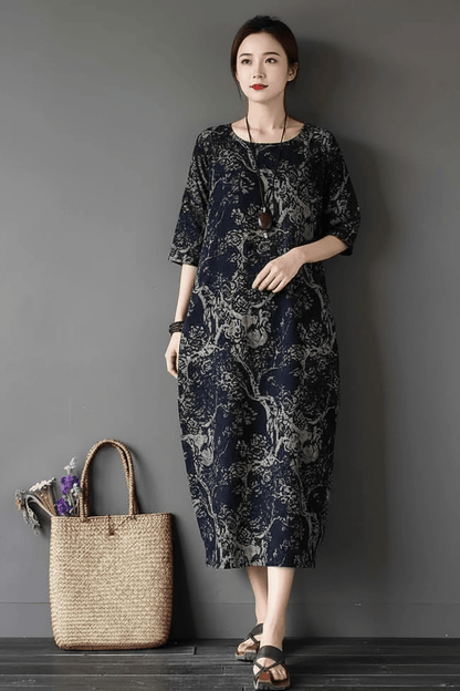Elara floral linen midi dress with relaxed fit and vintage print