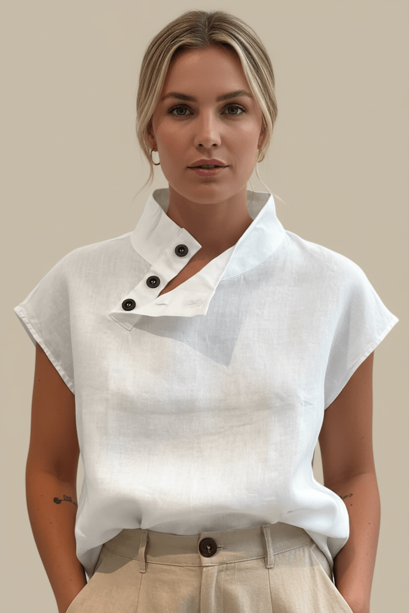 Woman wearing a white blouse with black buttons against a beige background