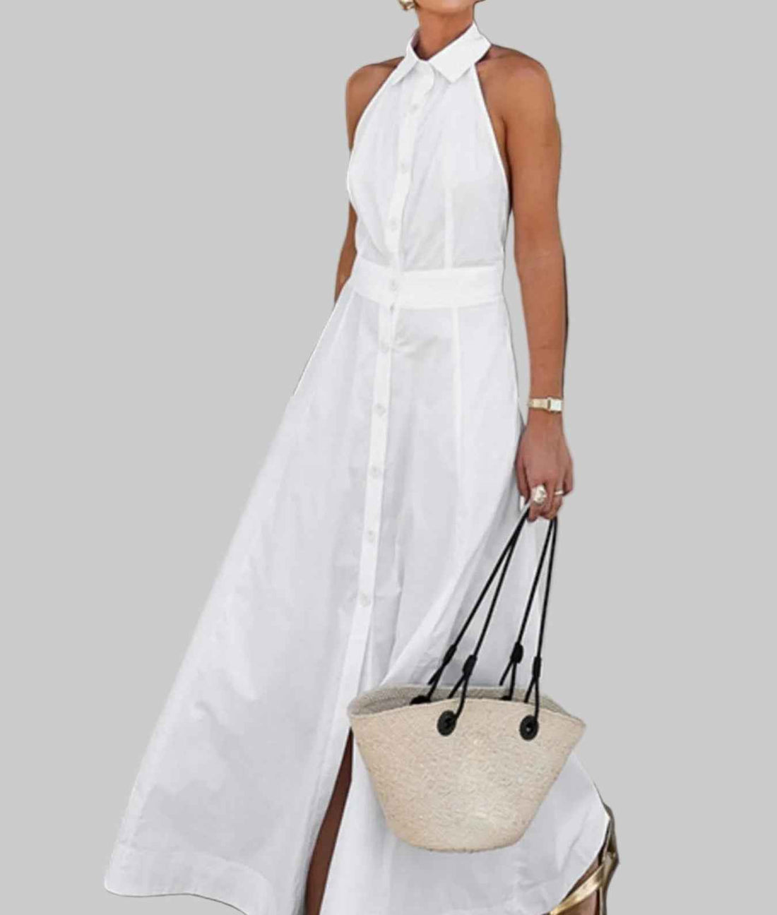 Cotton dress, Backless Button  UP, SHIRT COLLAR, sleeveless  DRESS