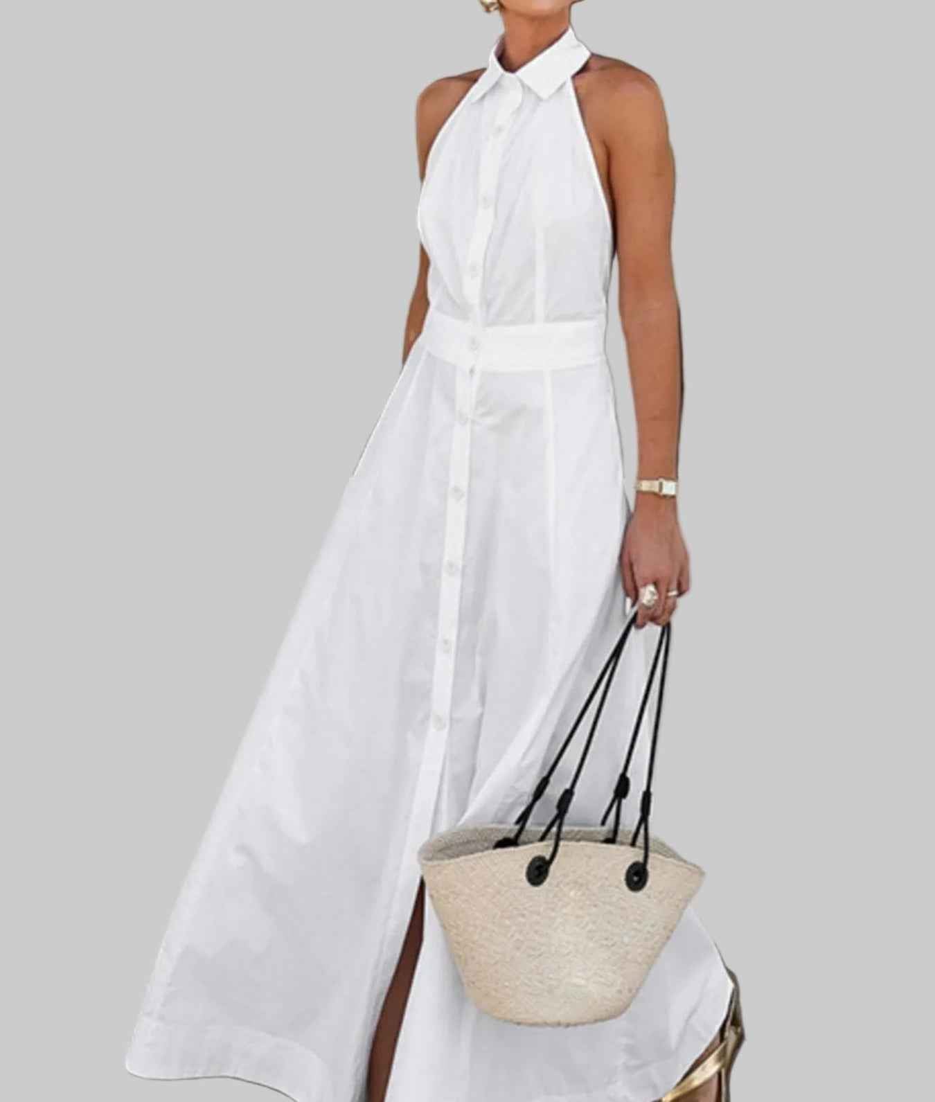Cotton dress, Backless Button  UP, SHIRT COLLAR, sleeveless  DRESS