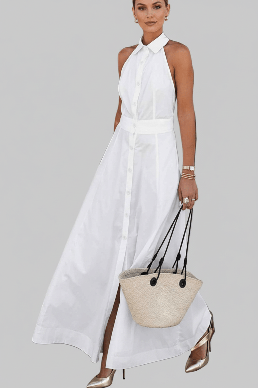 a women is wearing white cotton long dress with collar.