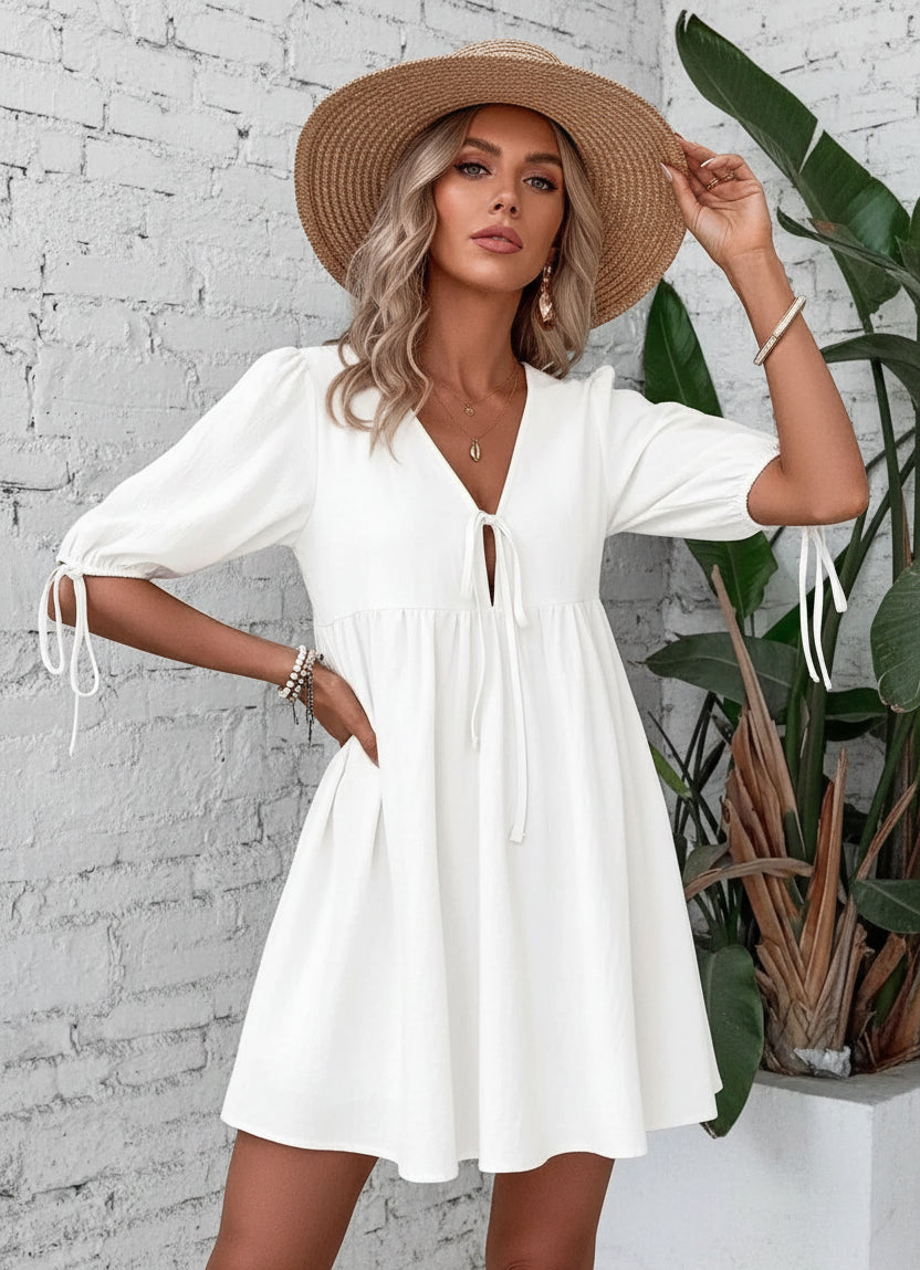 V-Neck Tie-Front Mini Dress with Puff Sleeves