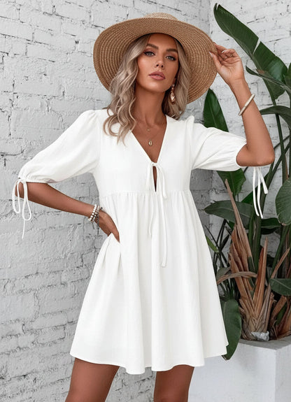 V-Neck Tie-Front Mini Dress with Puff Sleeves