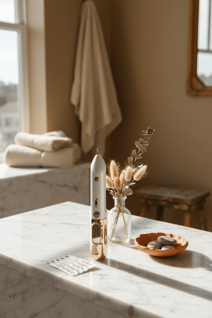 Bathroom counter with a candle, vase with dried flowers, and soap on a marble surface.